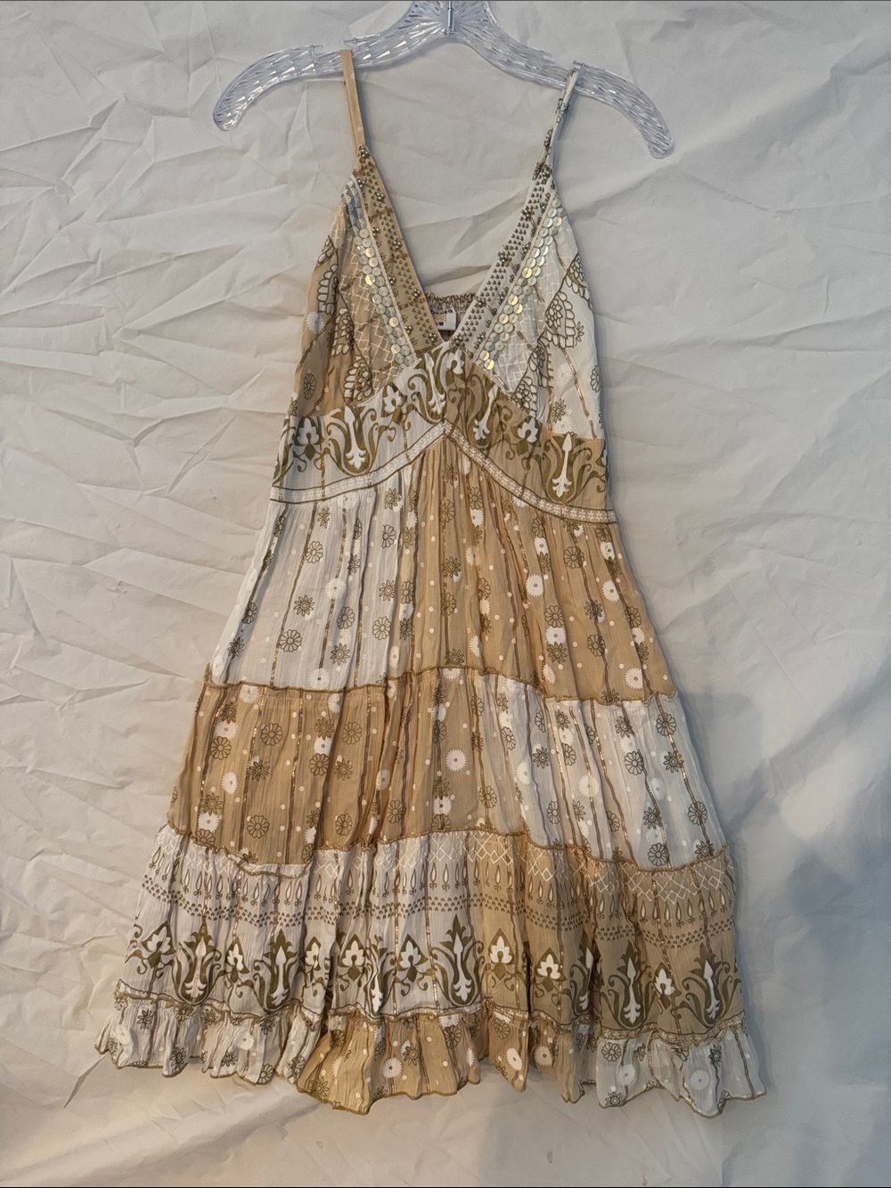 Ananta Festival Bohemian Spaghetti-Strap Dress in Beige and White